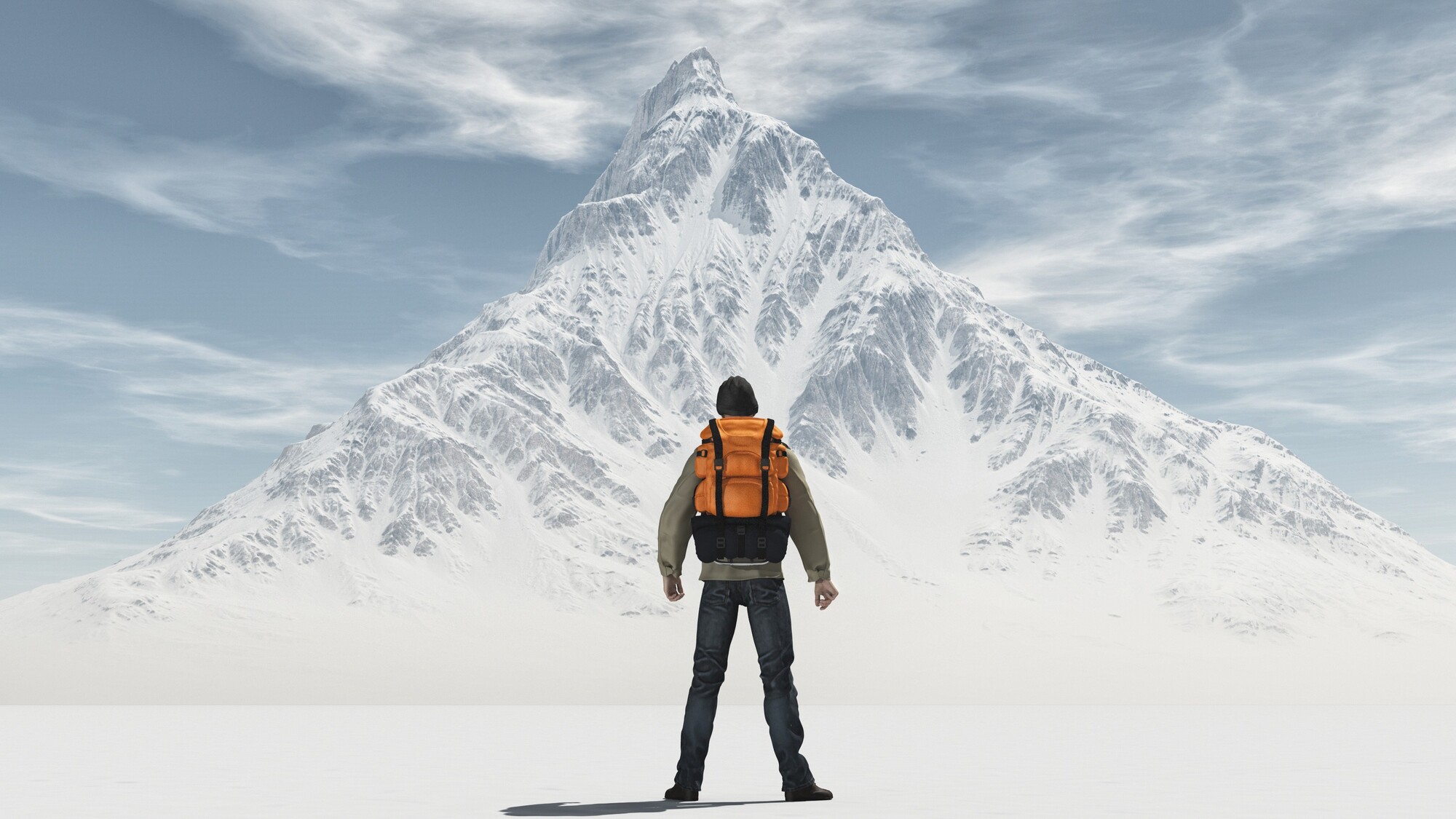 A man in hiking gear is standing in front of a mountain