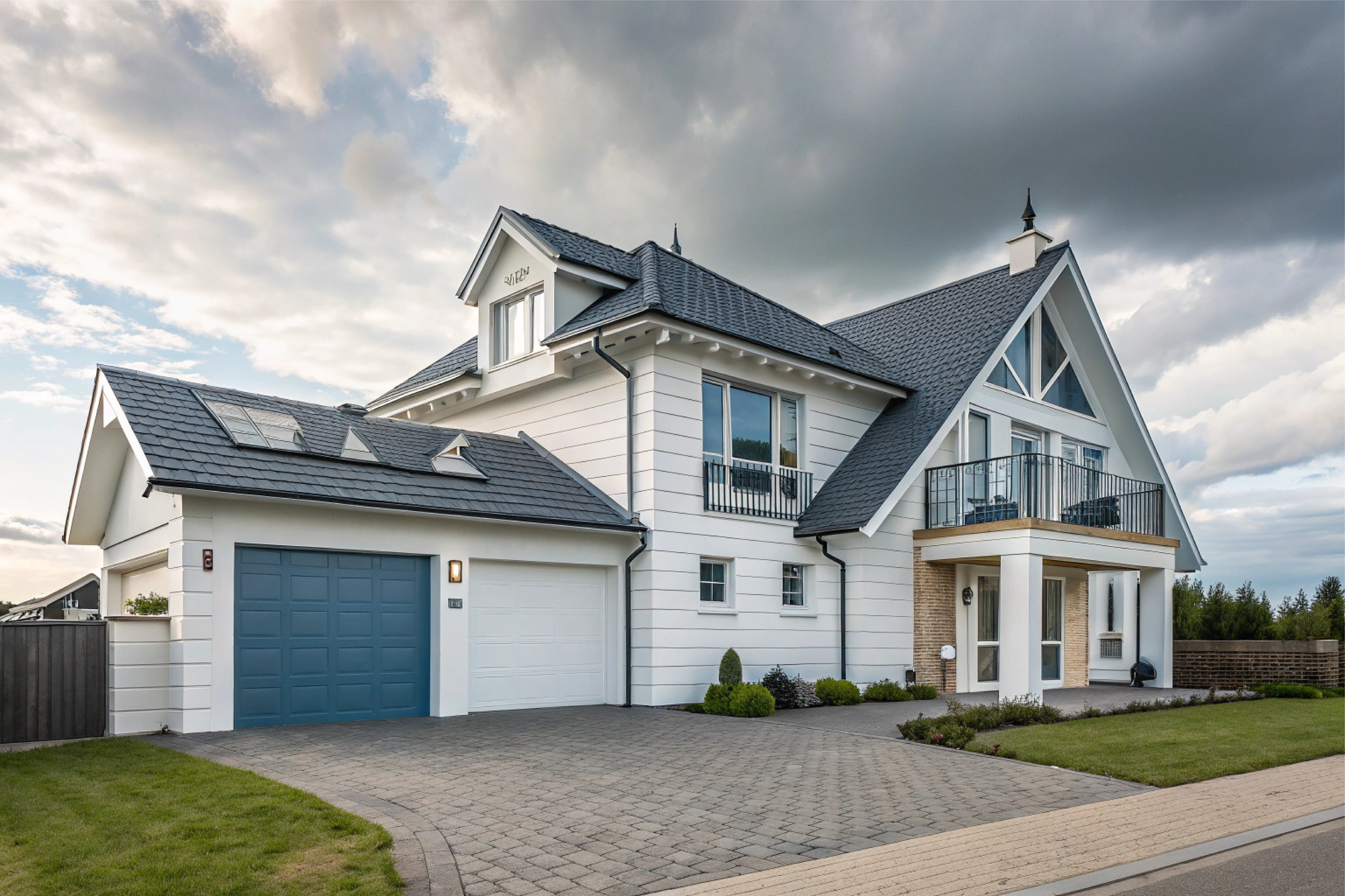 Two-story white house with a blue garage door, white garage door, and balcony over the front door
