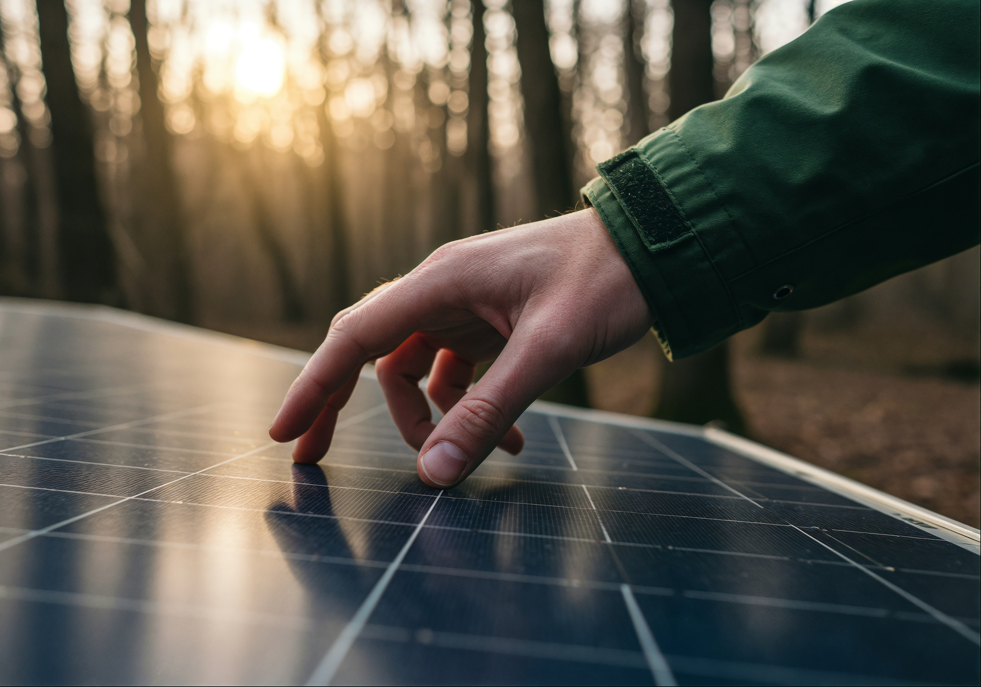 Hand touching solar shingle with trees in the background.