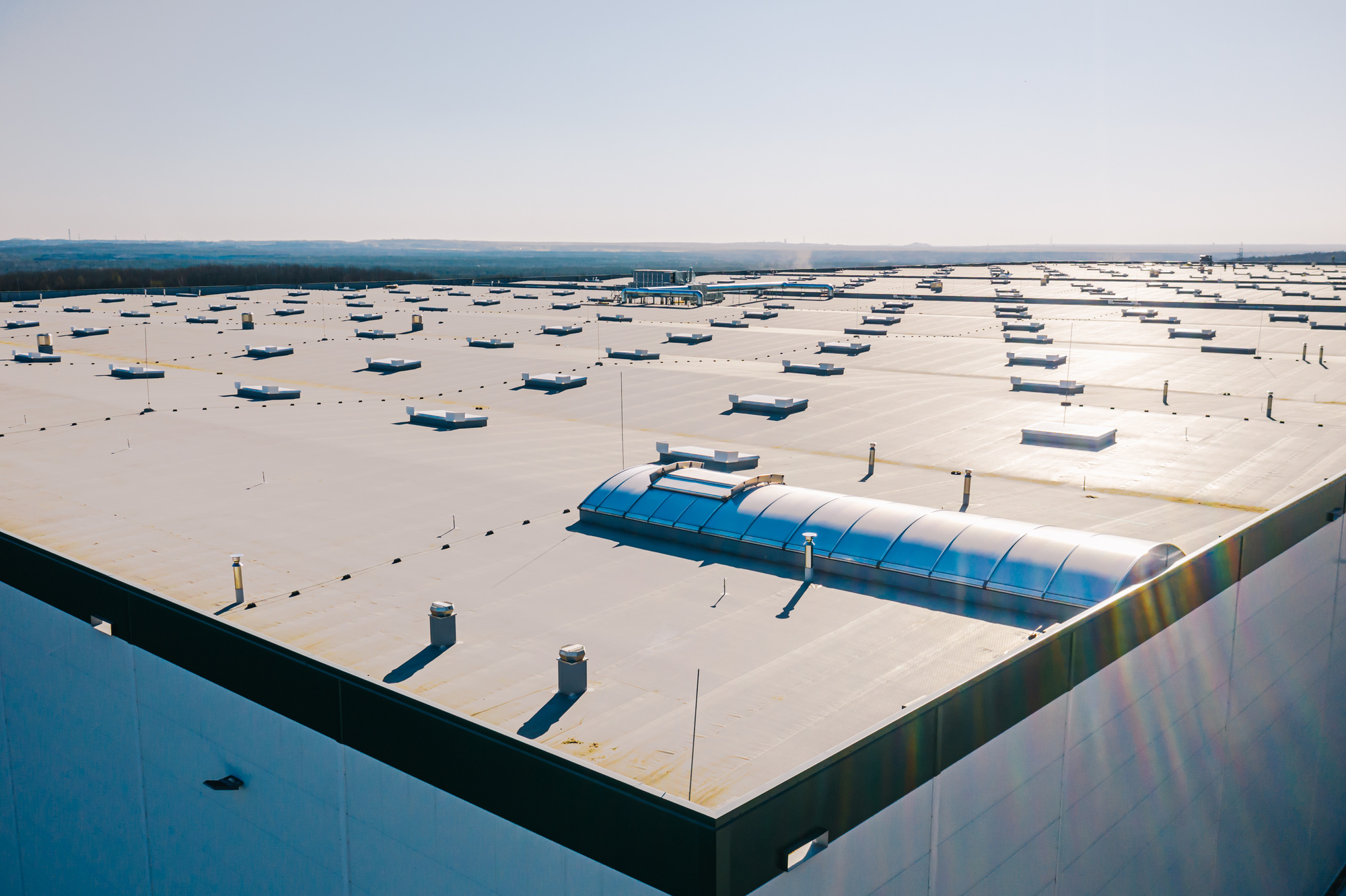 Flat roof on a commercial building with skylights