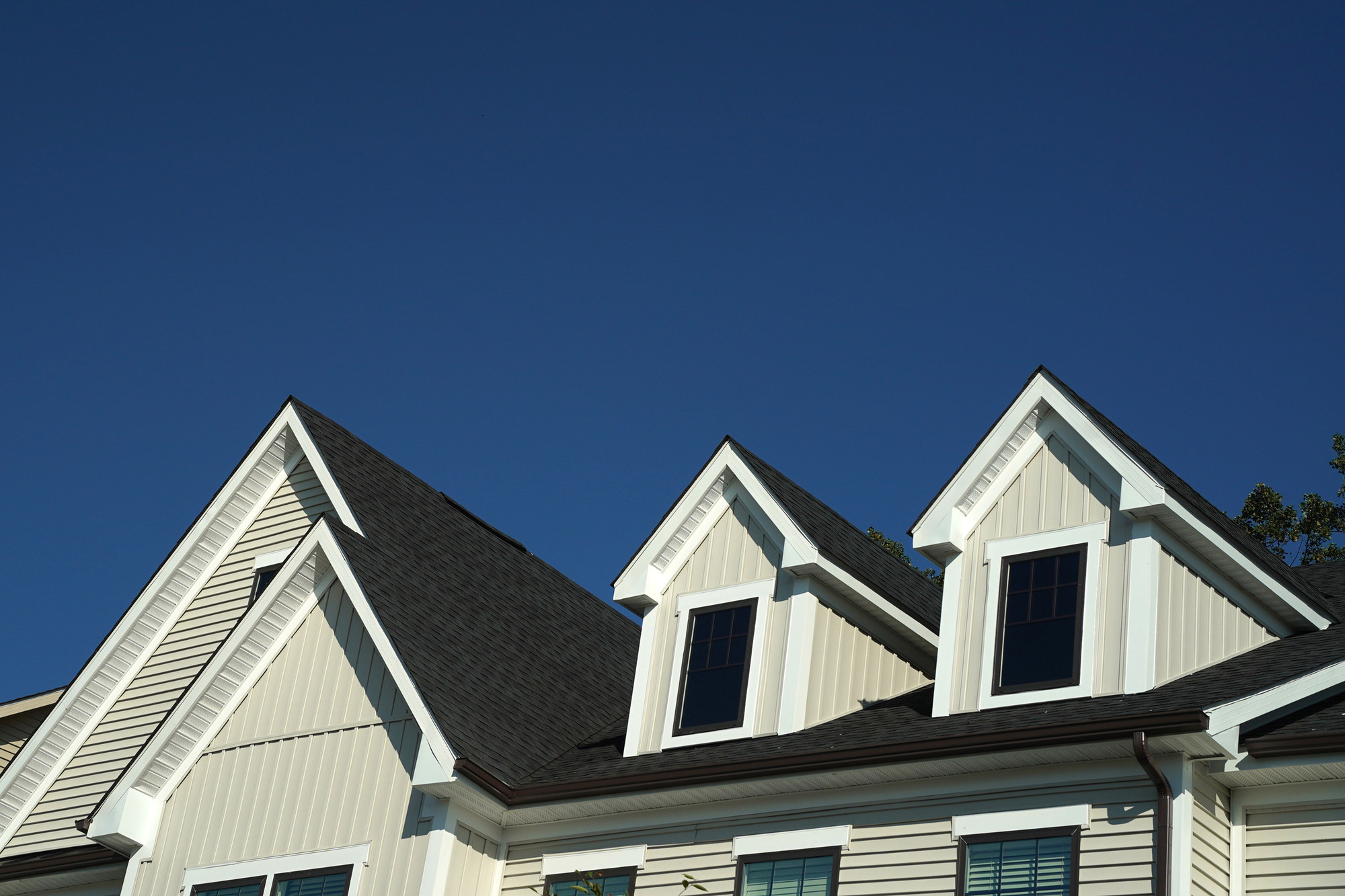 Angled view of black asphalt shingle roof and white siding.