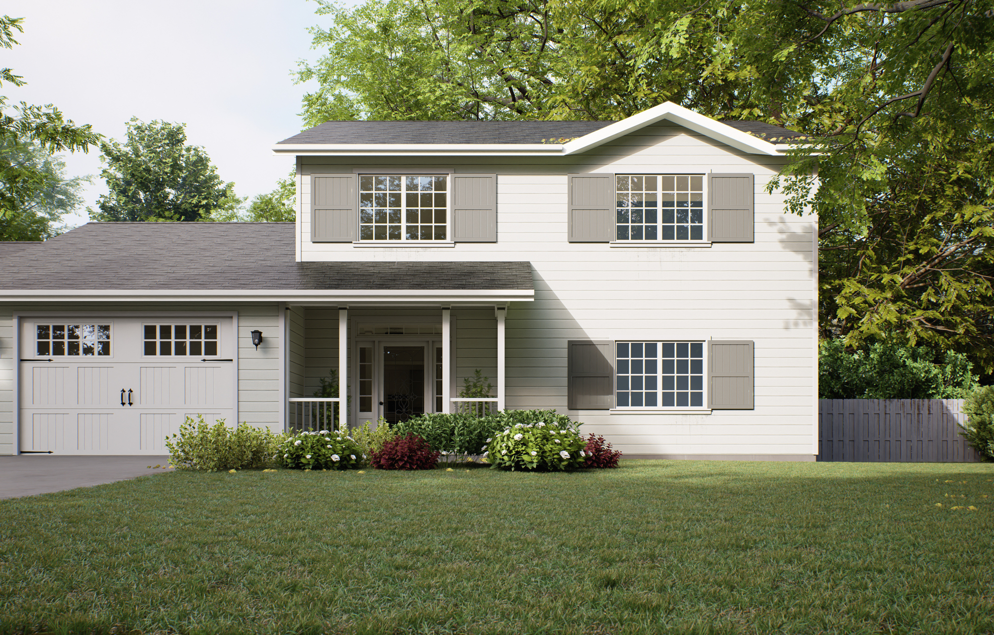 Two-story white house with pink shutters, small front porch, and an asphalt shingle roof