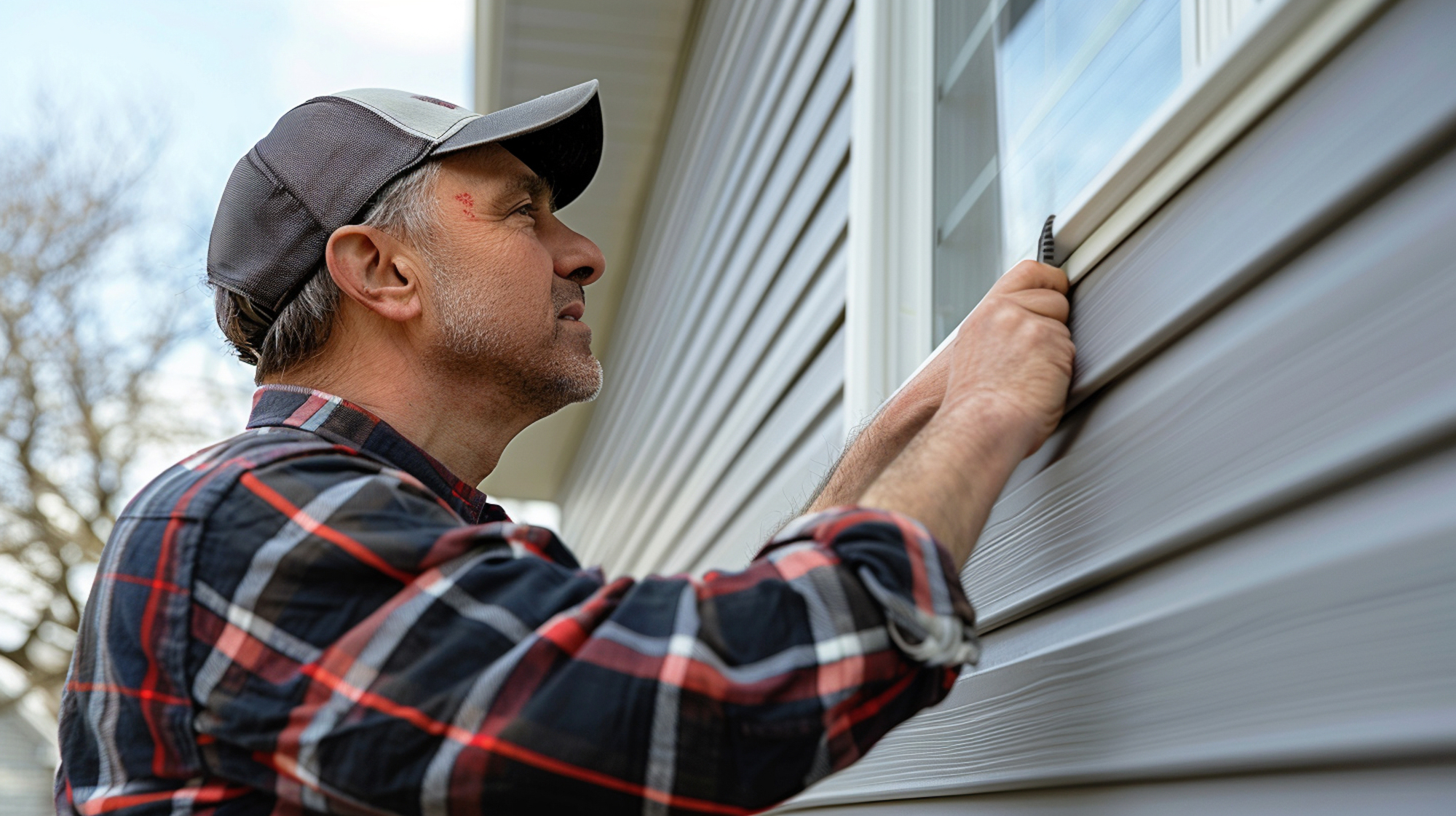 A man installing siding on the side of a house in Springfield, OH.
