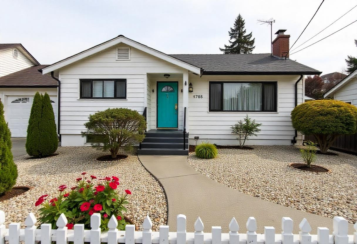Modest house with white siding in Southwestern Ohio with a white fence and a landscaped front yard. A bush with red flowers is in the foreground, just beyond the gate.
