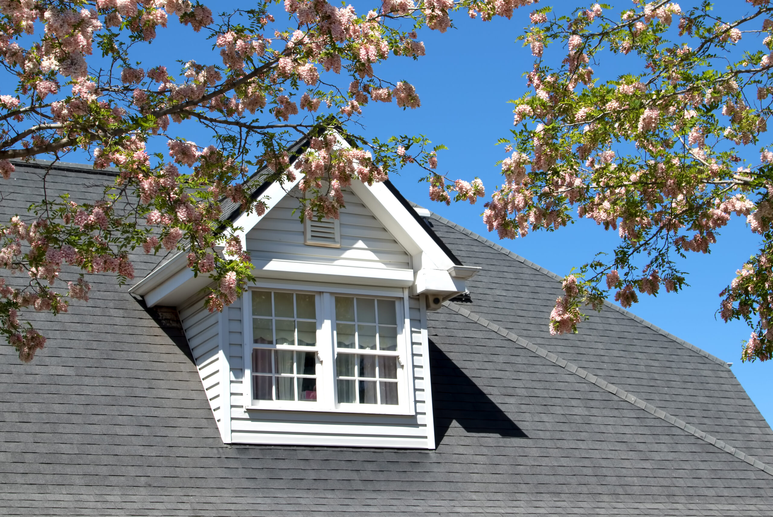 Asphalt shingle roof on a white two-story house