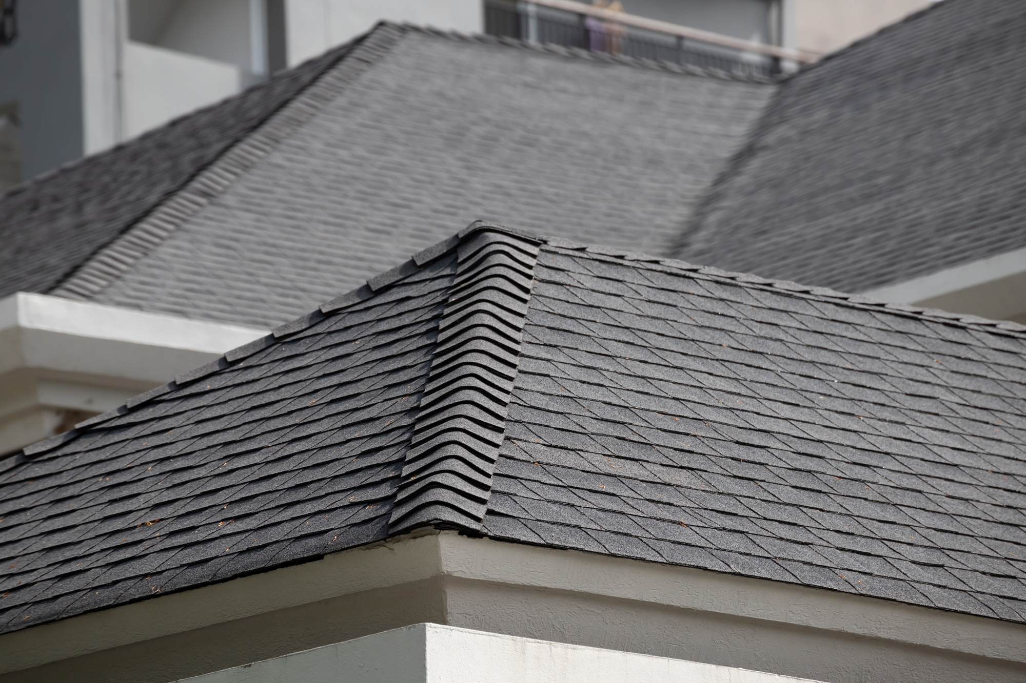 Close-up of a new shingle roof on a home